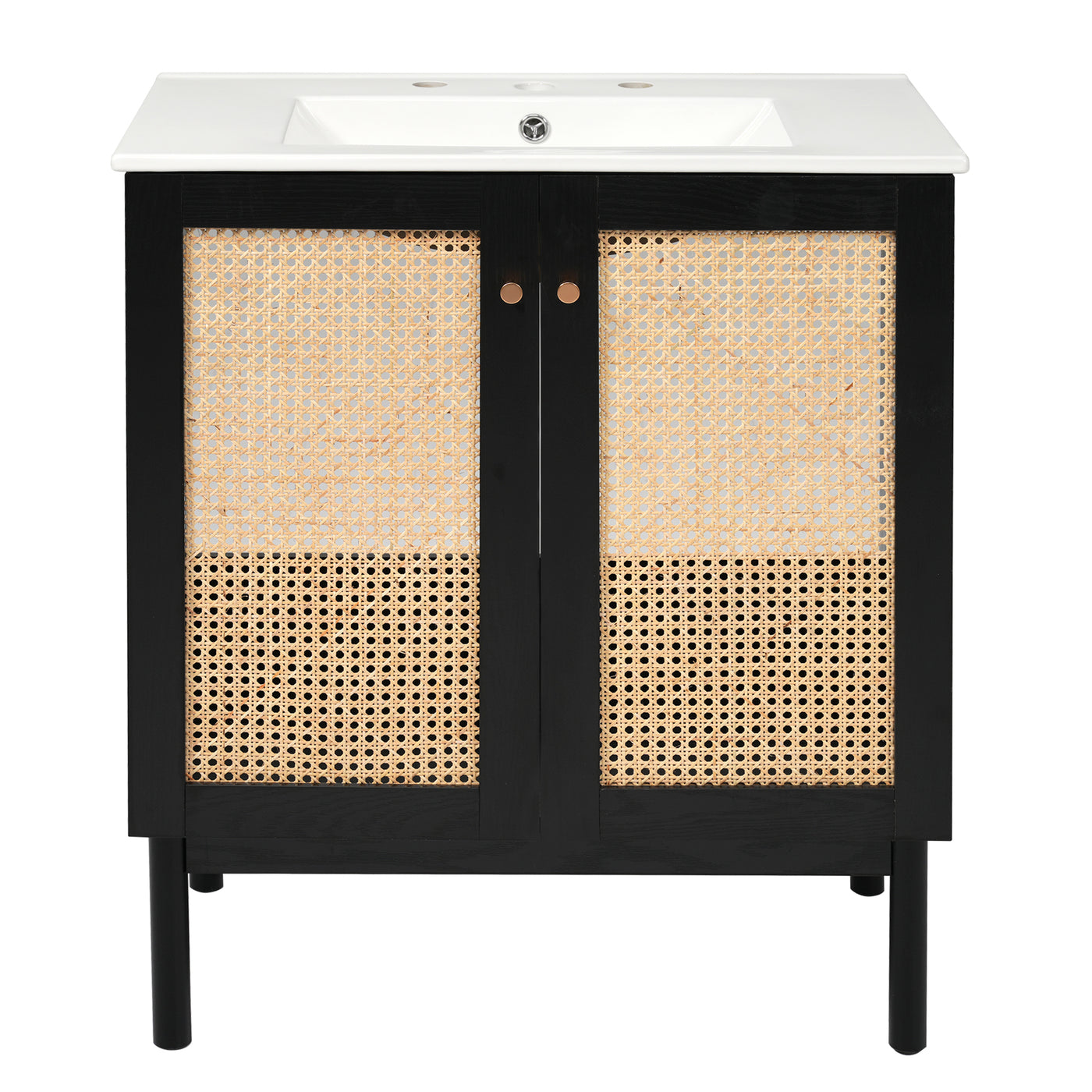 30" Black Bamboo Bathroom Vanity with Rattan Doors Soft Close