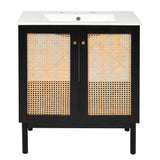 30" Black Bamboo Bathroom Vanity with Rattan Doors Soft Close