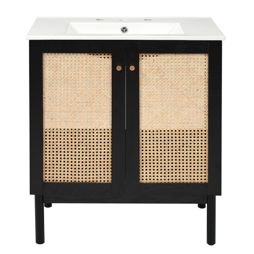 30" Black Bamboo Bathroom Vanity with Rattan Doors Soft Close