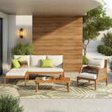 4 Piece Acacia Wood Patio Furniture Set, Outdoor Wicker Furniture Sectional Sofa Set with Coffee Table, 5 Seats Sofa Deep Seating with Soft Cushions for Garden, Backyard, Teak & Mix Brown & Cream
