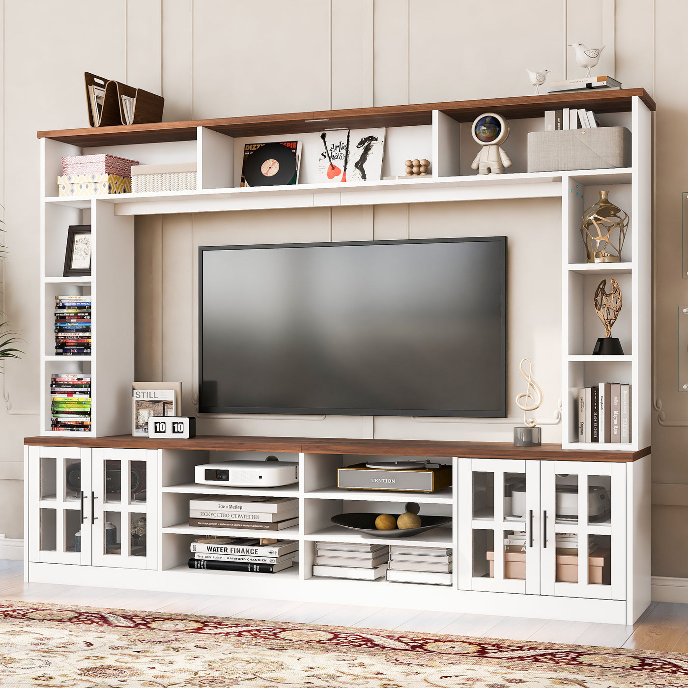 White MDF Glass TV Stand Entertainment Center Wall Unit 80