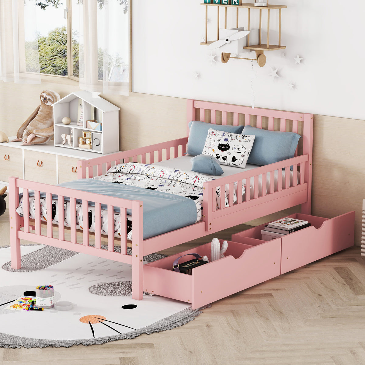 Twin Wood Platform Bed Pink