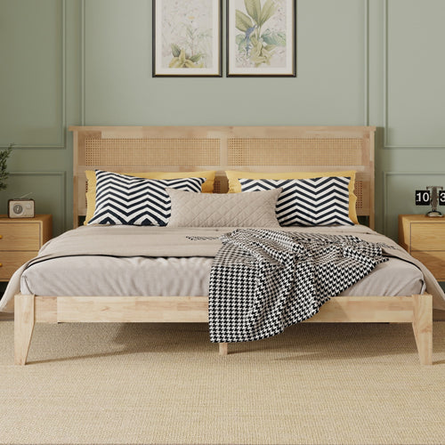 King Size Solid Wood Bed with Rattan Headboard, Rubber Wood Bed with Central