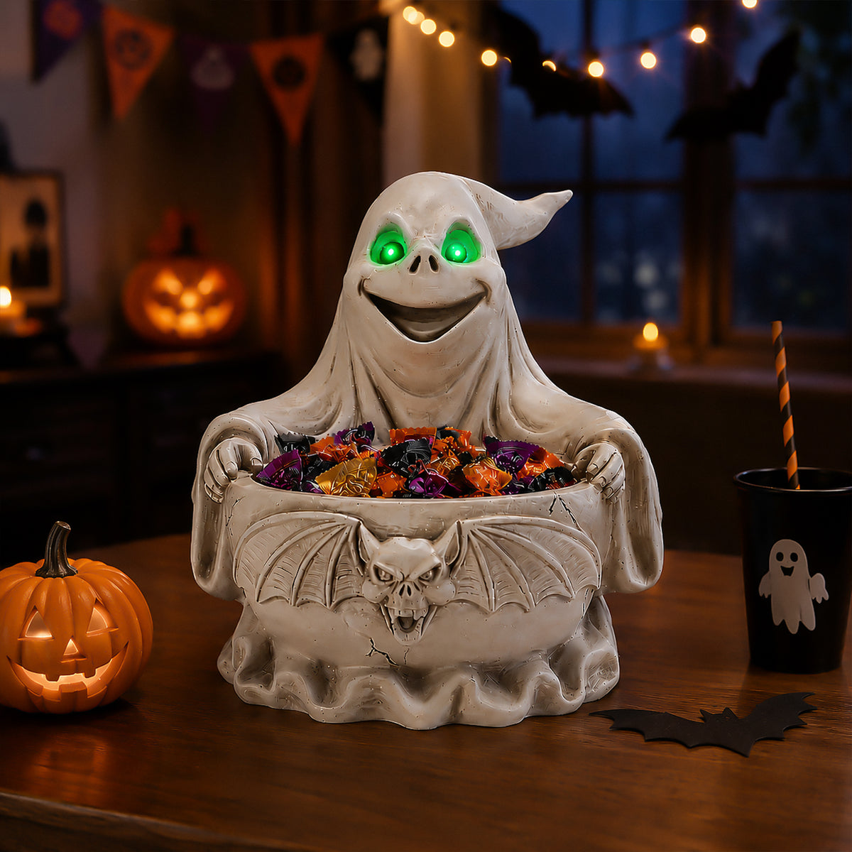 Halloween Ghost Storage Bowl Figurine, Spooky Candy Dish with LED Light for Hall