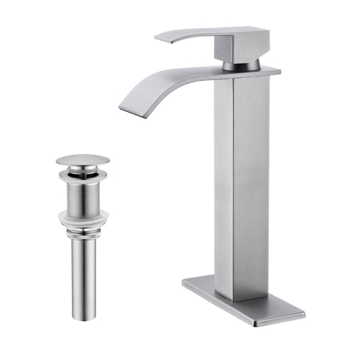 Waterfall Spout Single Handle Bathroom Sink Faucet Pop-Up Drain