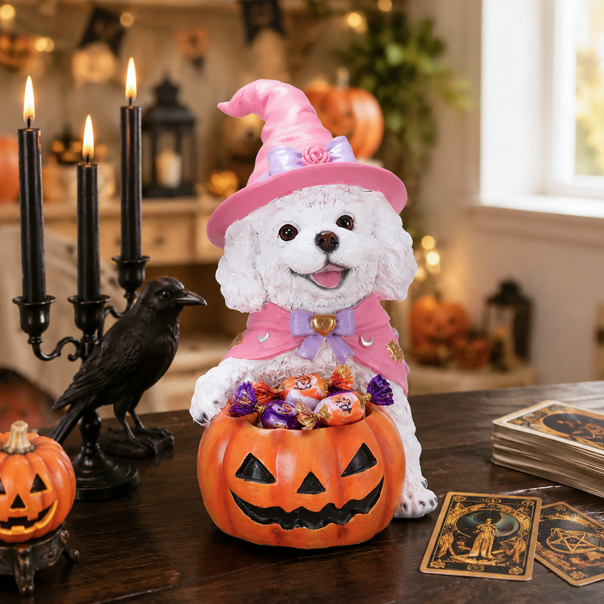 Halloween White Teddy Puppy Figurine, Witch Dog Holding Pumpkin Candy Bowl Decor
