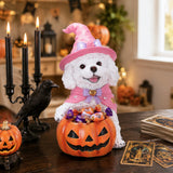 Halloween White Teddy Puppy Figurine, Witch Dog Holding Pumpkin Candy Bowl Decor