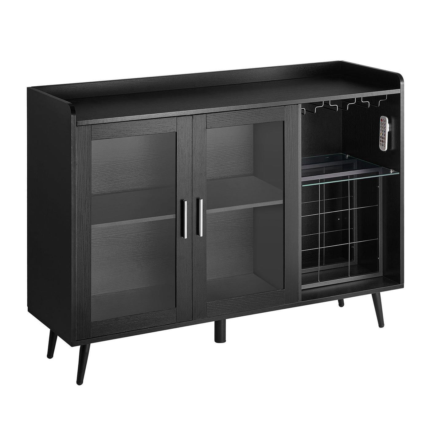 Wine Cabinet with Glass Holder & LED Lights, Black Wood