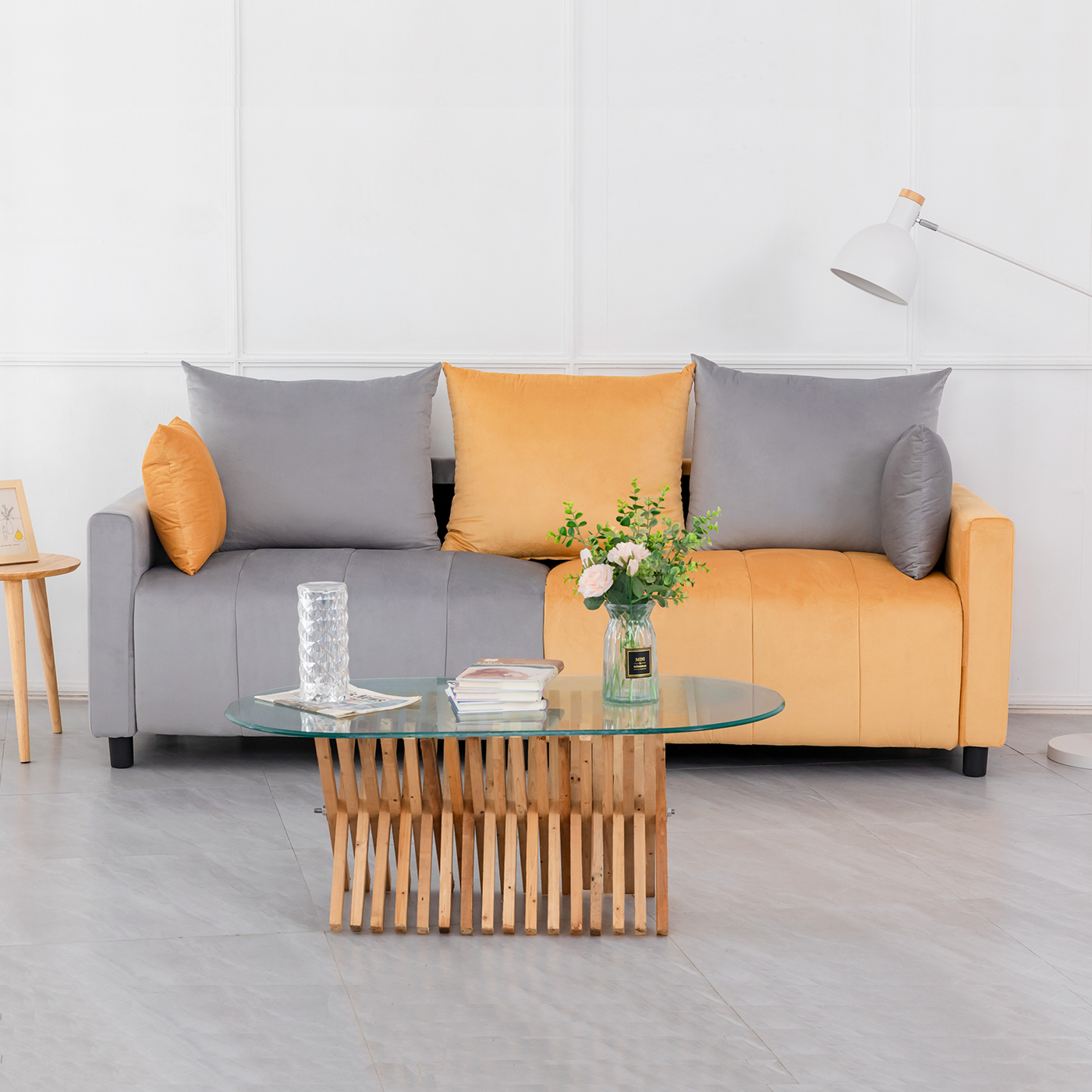 Sofa Modern Velvet Two-Tone Gray Yellow 2 Seat 82 In