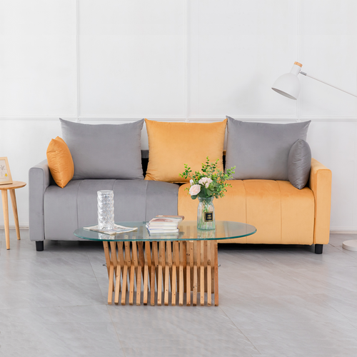 Sofa Modern Velvet Two-Tone Gray Yellow 2 Seat 82 In