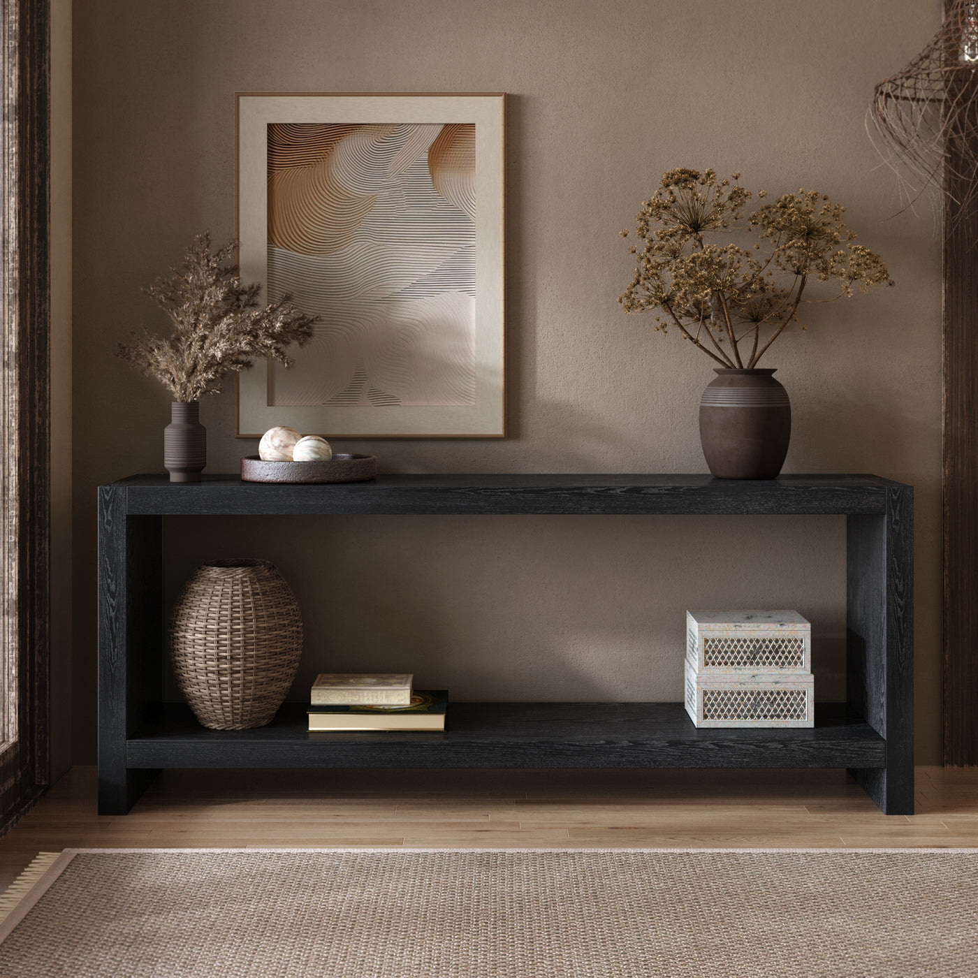 63" Farmhouse Console Table 2-Tier Rustic Wood Veneer