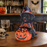 Halloween Black Labrador Retriever Witch Puppy Figurine, Cute Dog Holding Pumpki