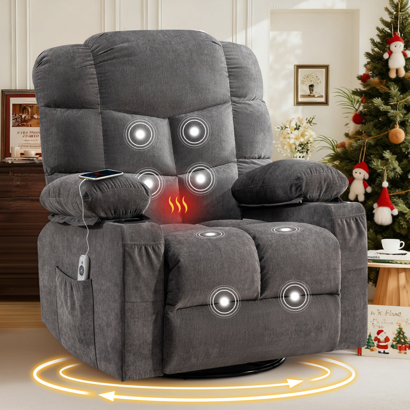 Oversized Massage Swivel Recliner with Lumbar Heat USB