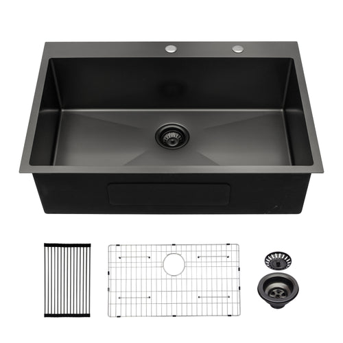 Gunmetal Black 33x22" Topmount Kitchen Sink 16 Gauge Stainless Steel