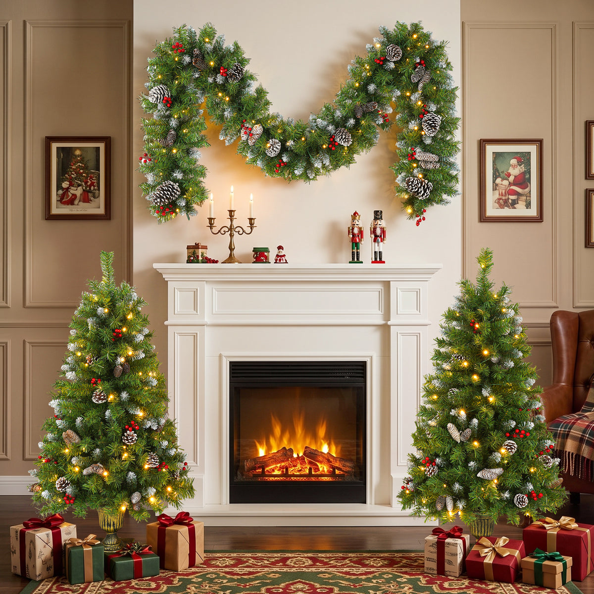 Pre-lit Xmas Tree Artificial Christmas 3-Piece Set, Garland and Set of 2 Entranc