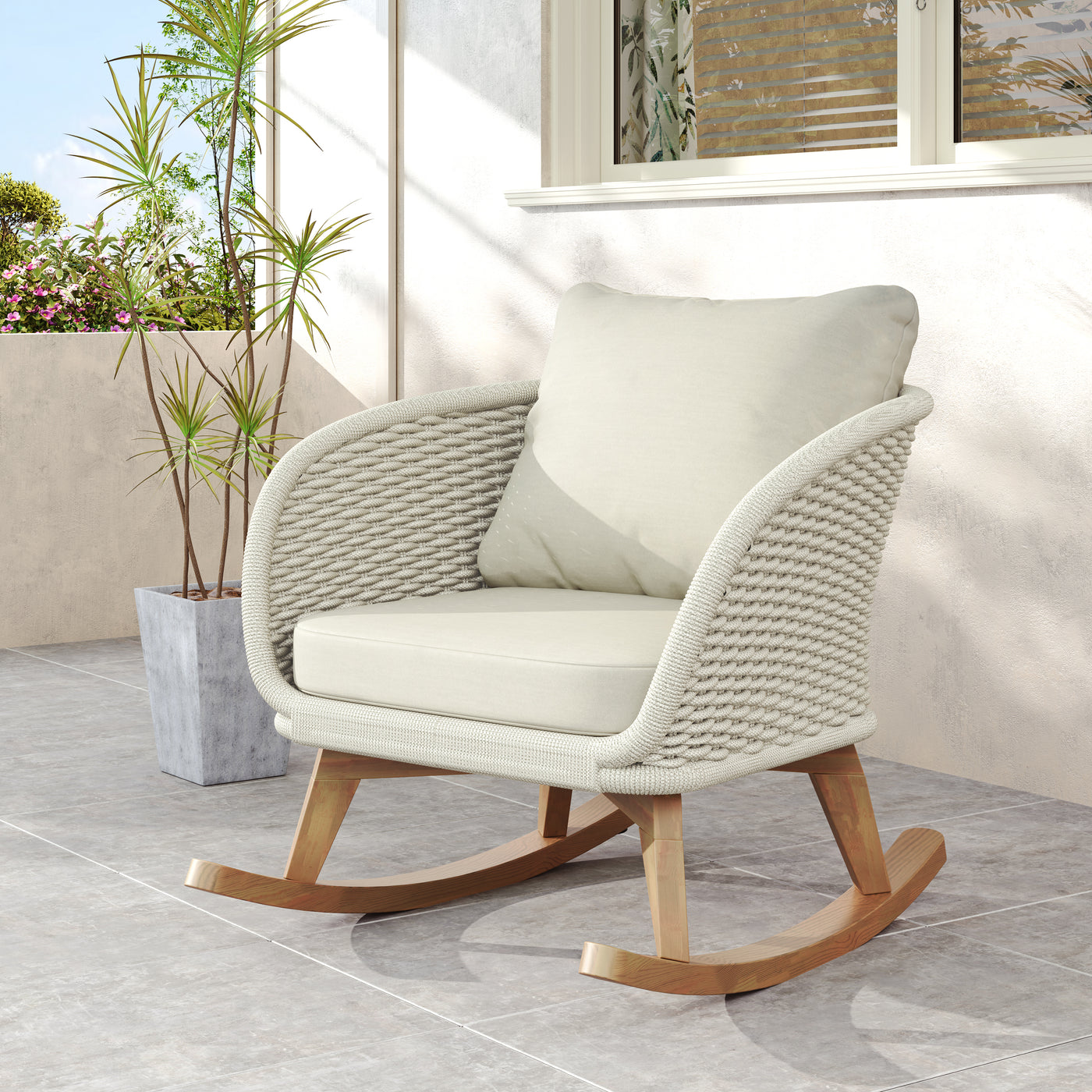 Beige Wicker Rocking Chair with Cushions