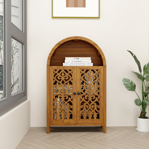 Hand-Carved Solid Wood Arched Cabinet with Shelves
