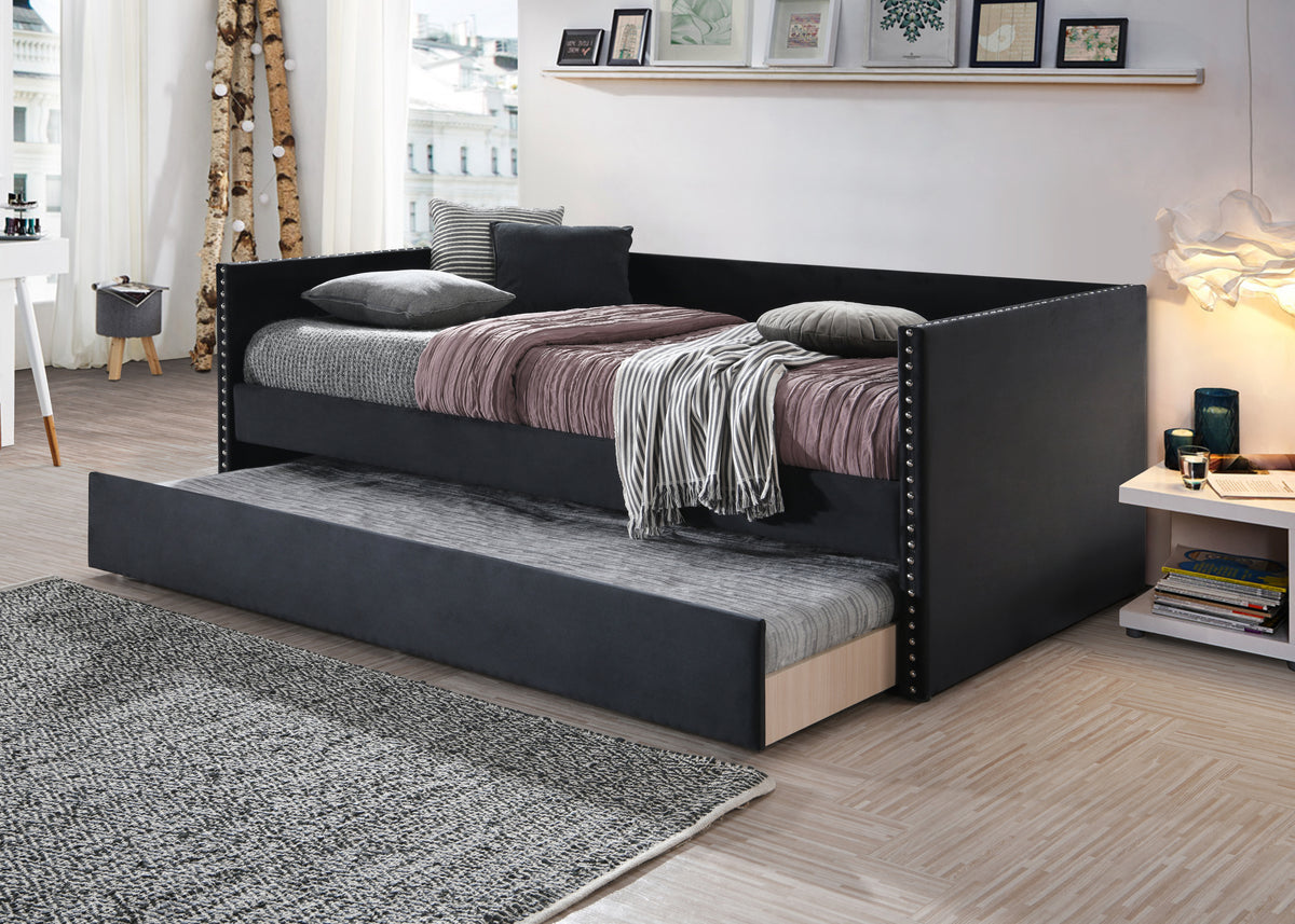 Daybed with Trundle Solid Wood Sleeper Tufted Gray