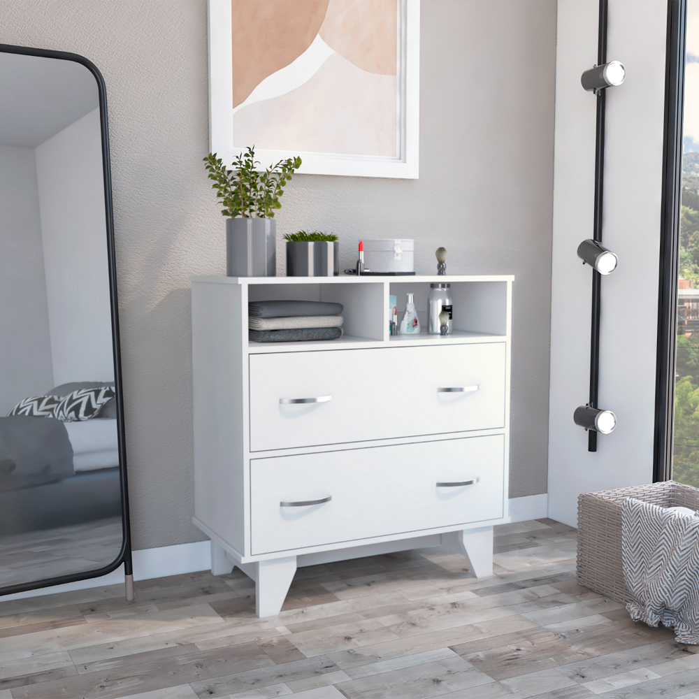 White Two Drawer Dresser with Open Shelves