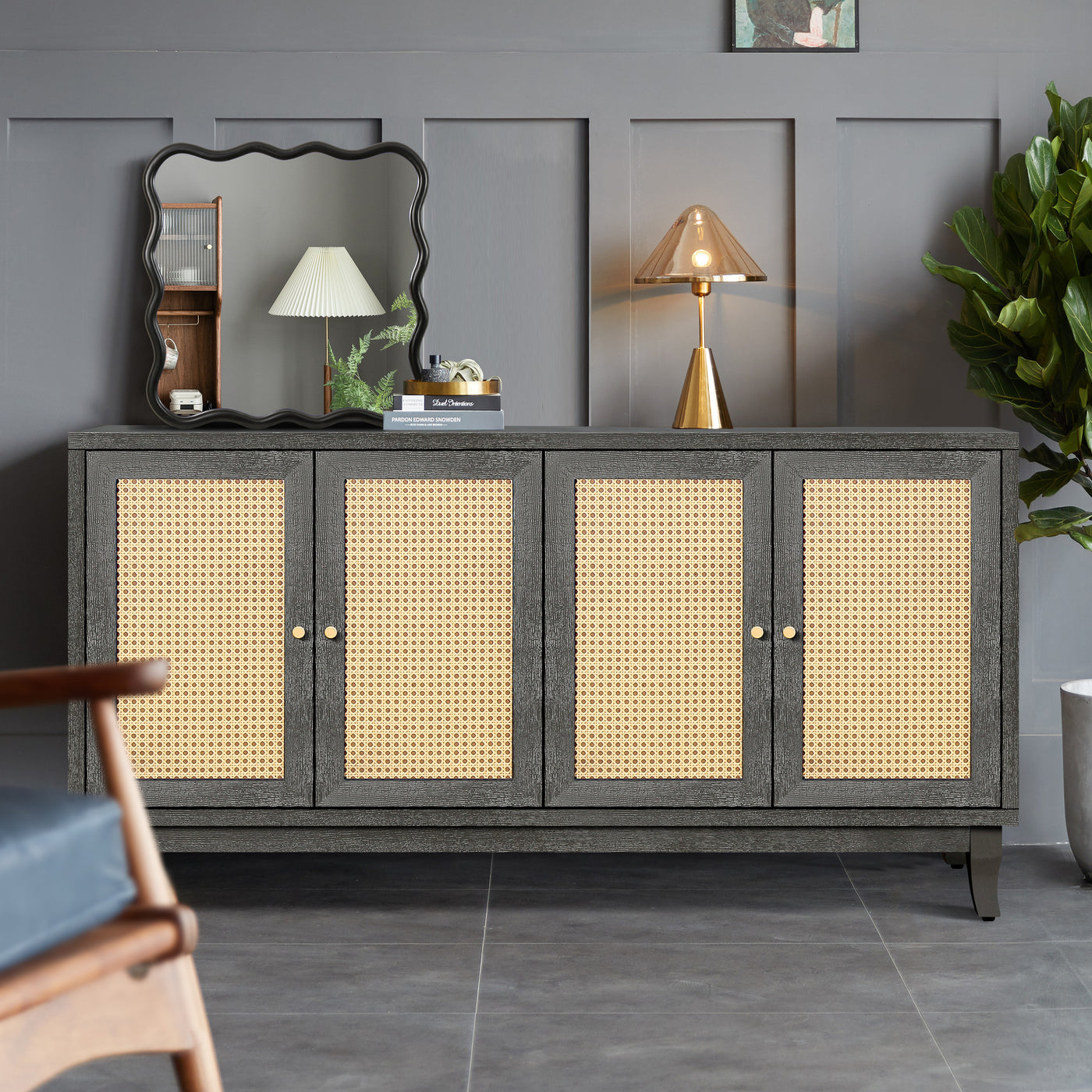 Rattan Sideboard Buffet Cabinet with 4 Rattan Doors, Antique Dark Grey