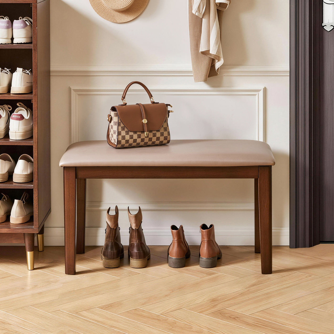 Solid Wood Farmhouse Upholstered Bench with Fabric Cushion