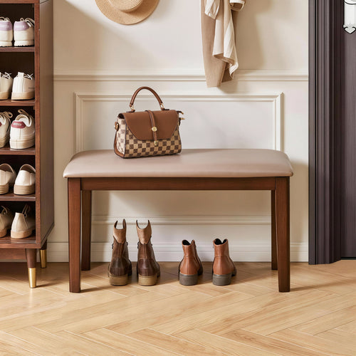 Solid Wood Farmhouse Upholstered Bench with Fabric Cushion