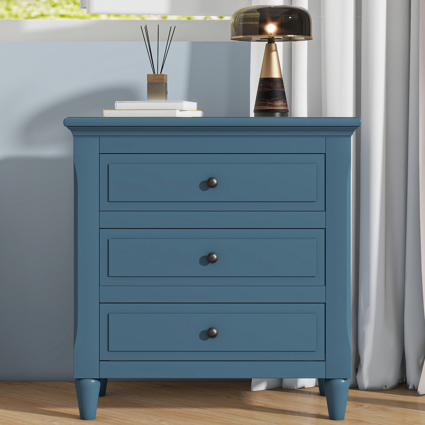 28" Pine Wood Nightstand with 3 Drawers and Metal Handles