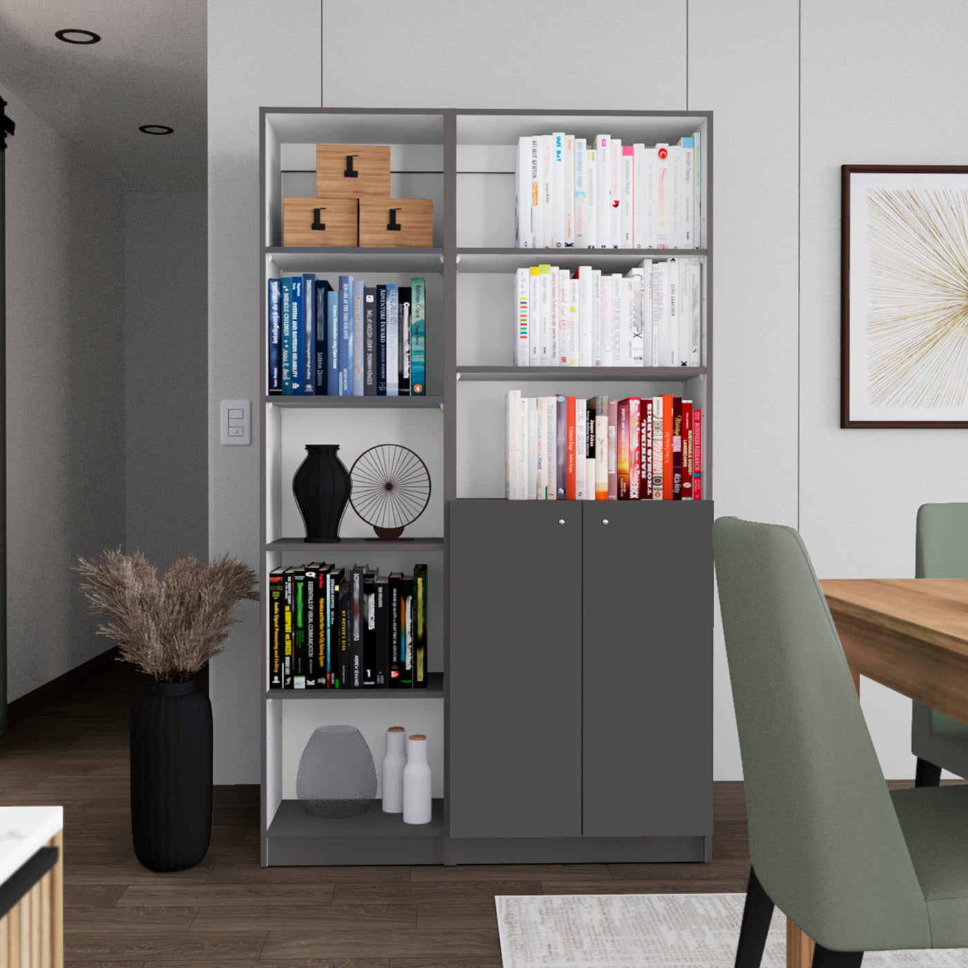 2 Piece Bookcase Set 42" Wide 8 Shelves Cabinet Matte Gray White