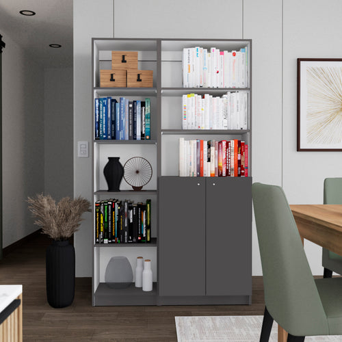 2 Piece Bookcase Set 42" Wide 8 Shelves Cabinet Matte Gray White