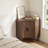 Walnut Fluted Corner Cabinet with Sliding Doors