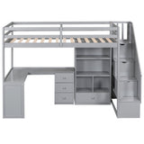 Gray Twin Size Loft Bed with L-Shaped Desk, Drawers, Cabinet and Storage Stai...