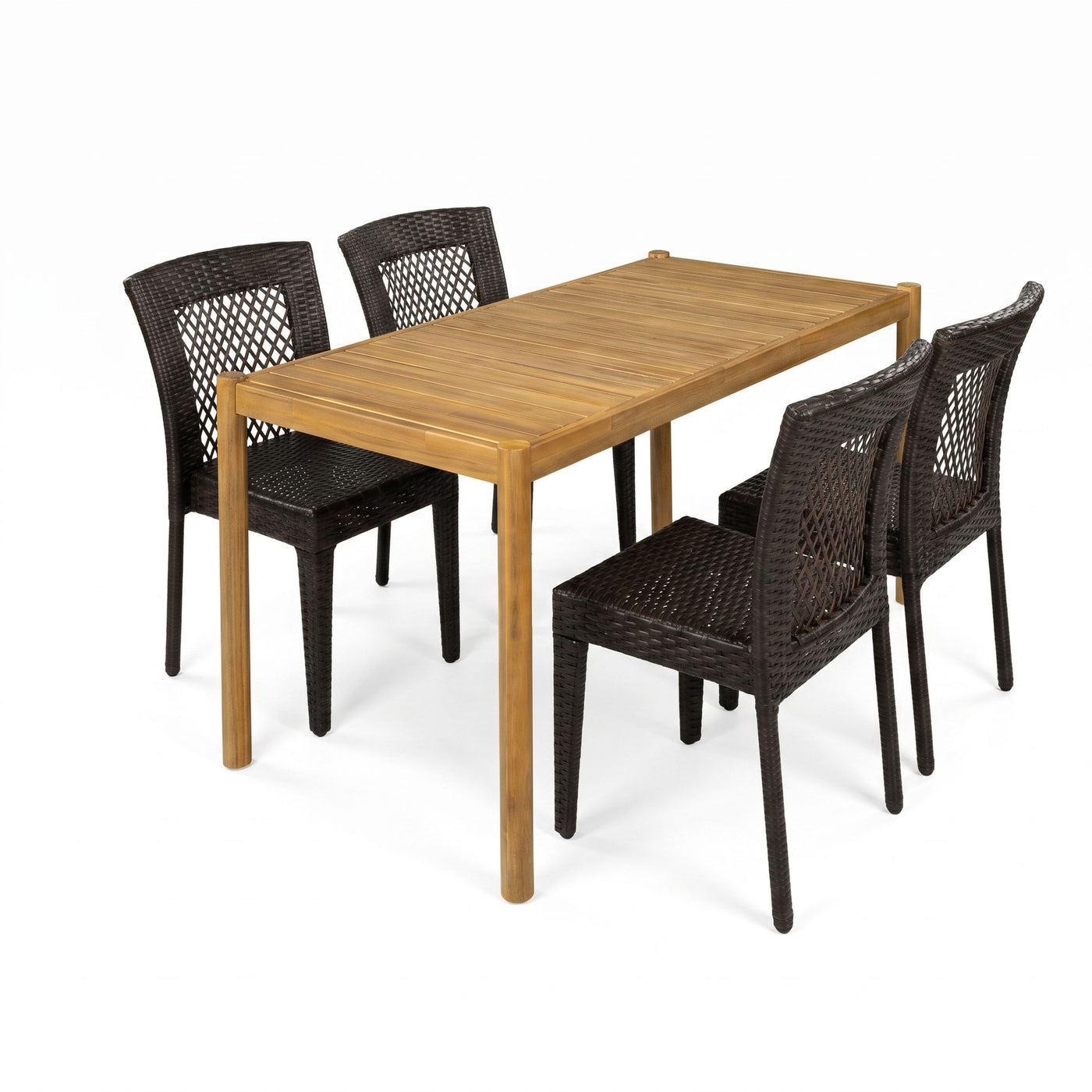 Rustic Acacia Wood Patio Dining Set with PE Rattan Chairs, 5-Piece Outdoor Furniture in Brown Multi and Light Teak