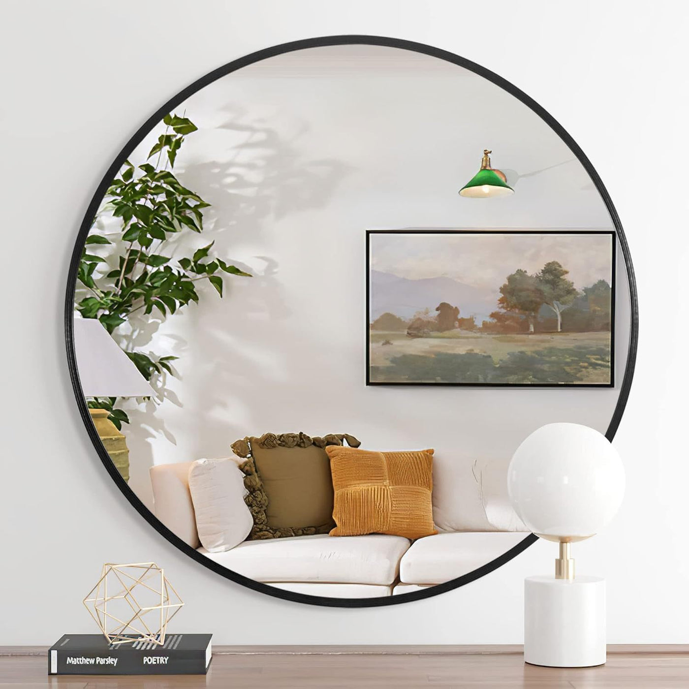 32 Inch Black Metal Framed Round Bathroom Mirror