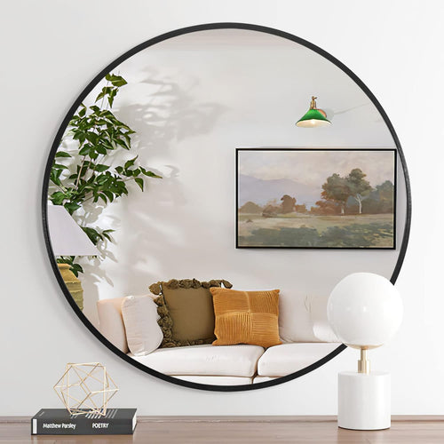 32 Inch Black Metal Framed Round Bathroom Mirror