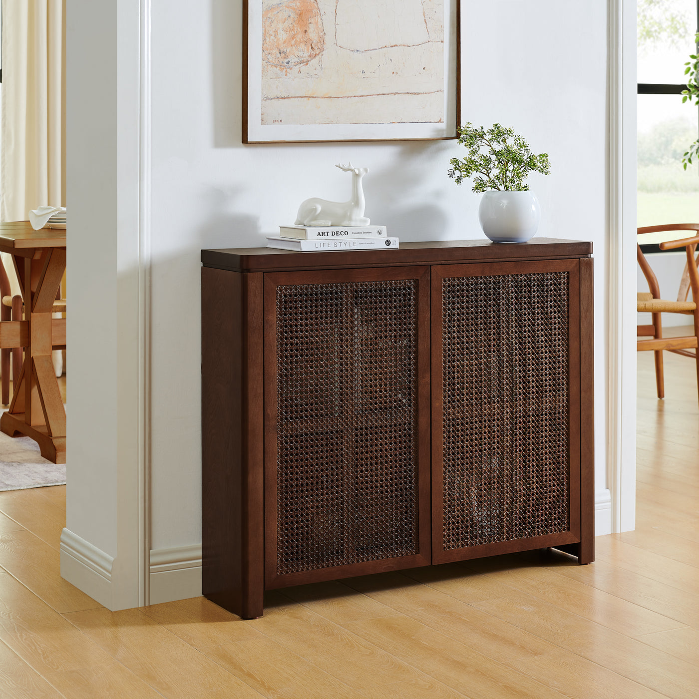 39.4" Mid Century Modern Rattan Sideboard Buffet Cabinet Walnut