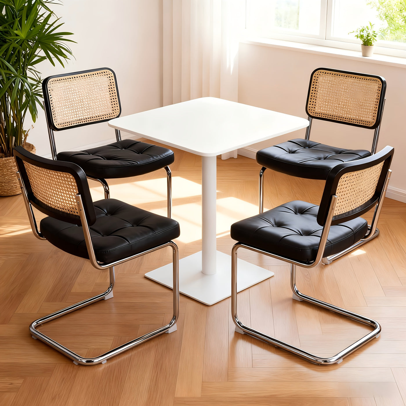 Set of 4 Black Faux Leather Rattan Dining Chairs Chrome Legs