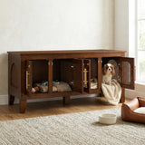 Lars Indoor Rattan Decorated Rubber Wood Dog Crate Cabinet Furniture – Stylish Pet Kennel with 4 Doors for Living Room