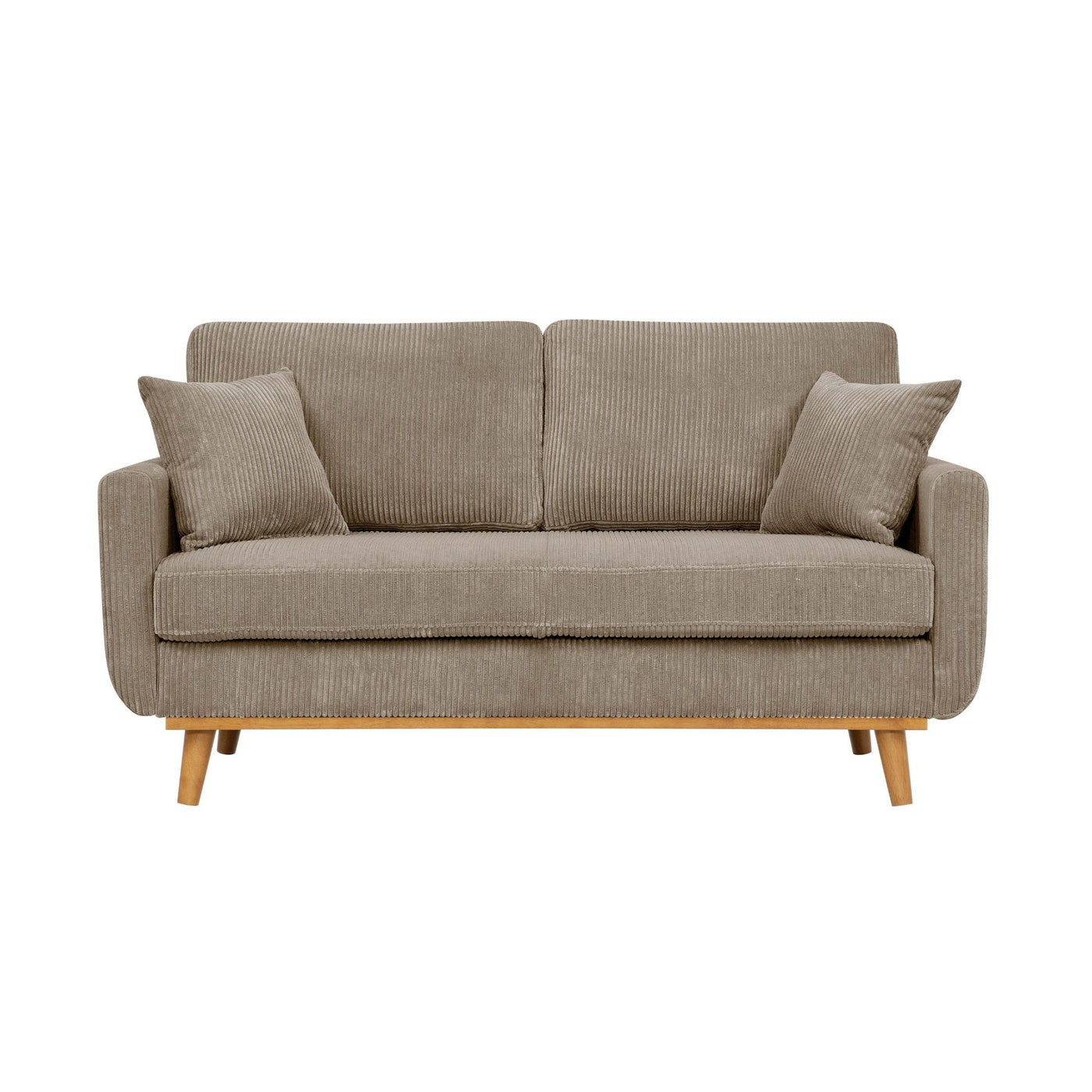 Camel Corduroy Upholstered Wooden Frame Loveseat with Arms and Toss Pillows