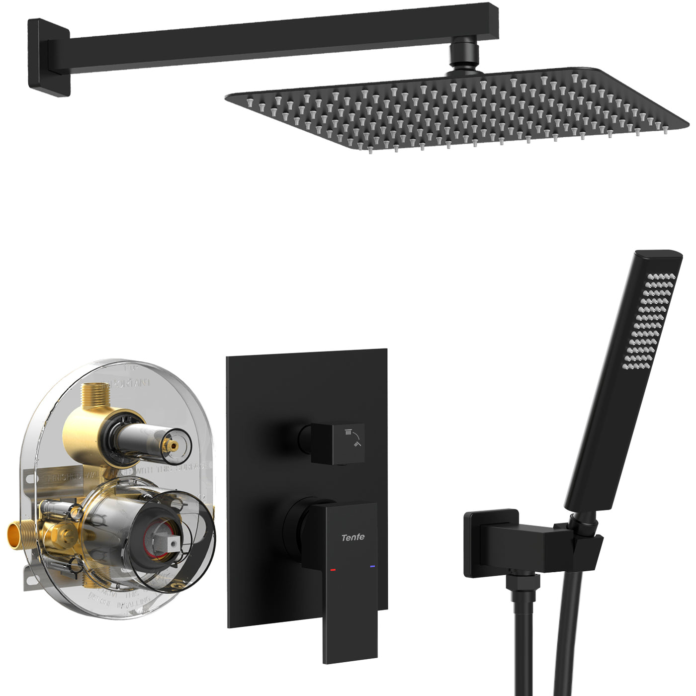 Matte Black 12" Rain Head Shower System with Handheld NPT