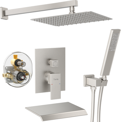 12" Rain Shower Head Wall Mount Faucet Set Brushed Nickel NPT