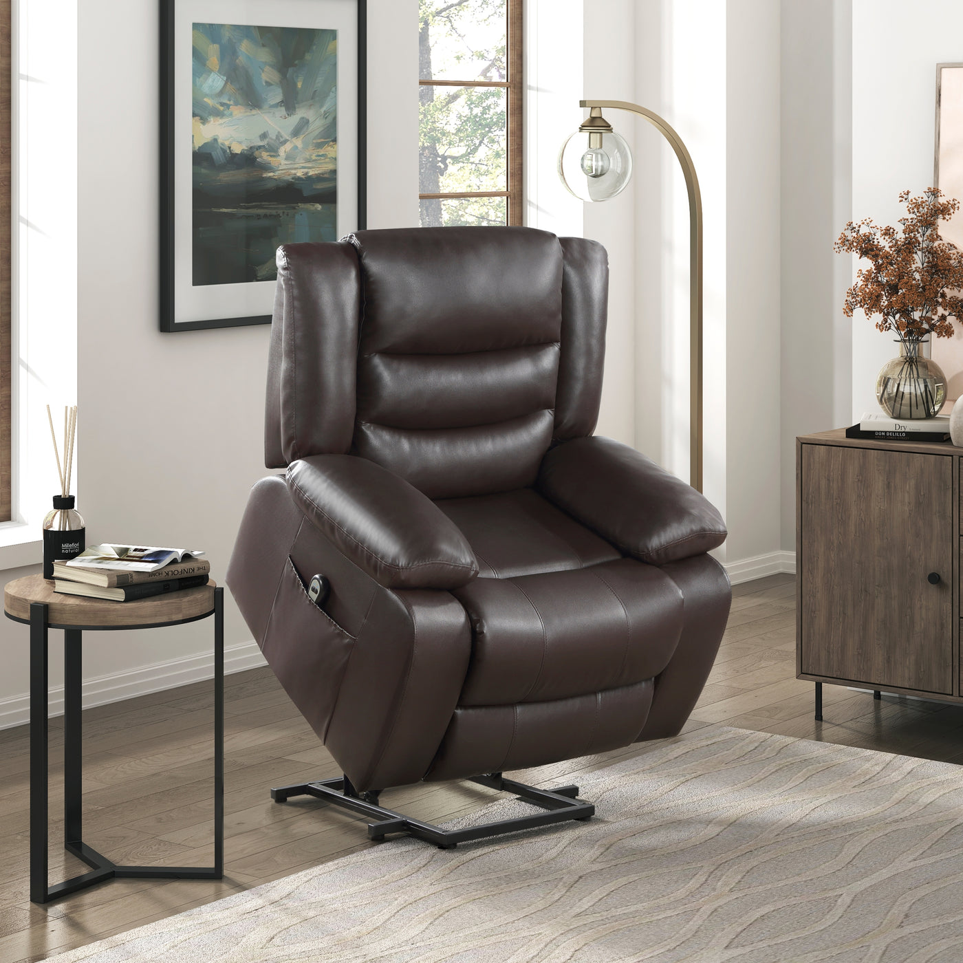 Power Lift Chair Faux Leather Dark Brown Recliner