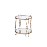 Drum End Table - Mirrored Top & Shelf - Champagne Metal Frame