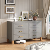 6-Drawer Double Dresser in Gray, Modern Storage Cabinet with Metal Handles & Sol
