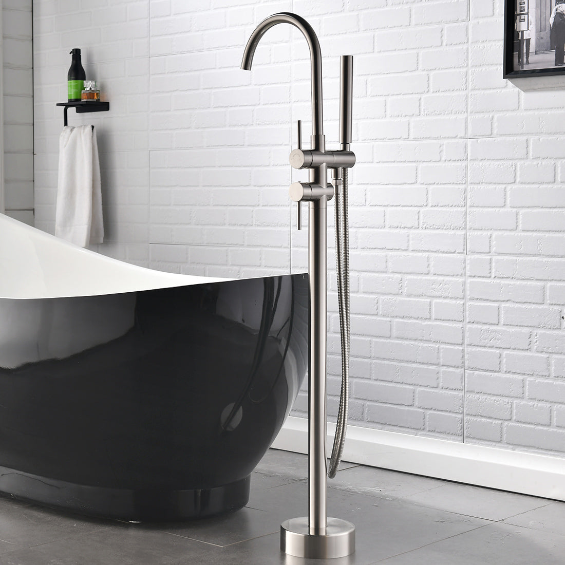 Single Handle Floor Mount Tub Filler with Handheld Shower
