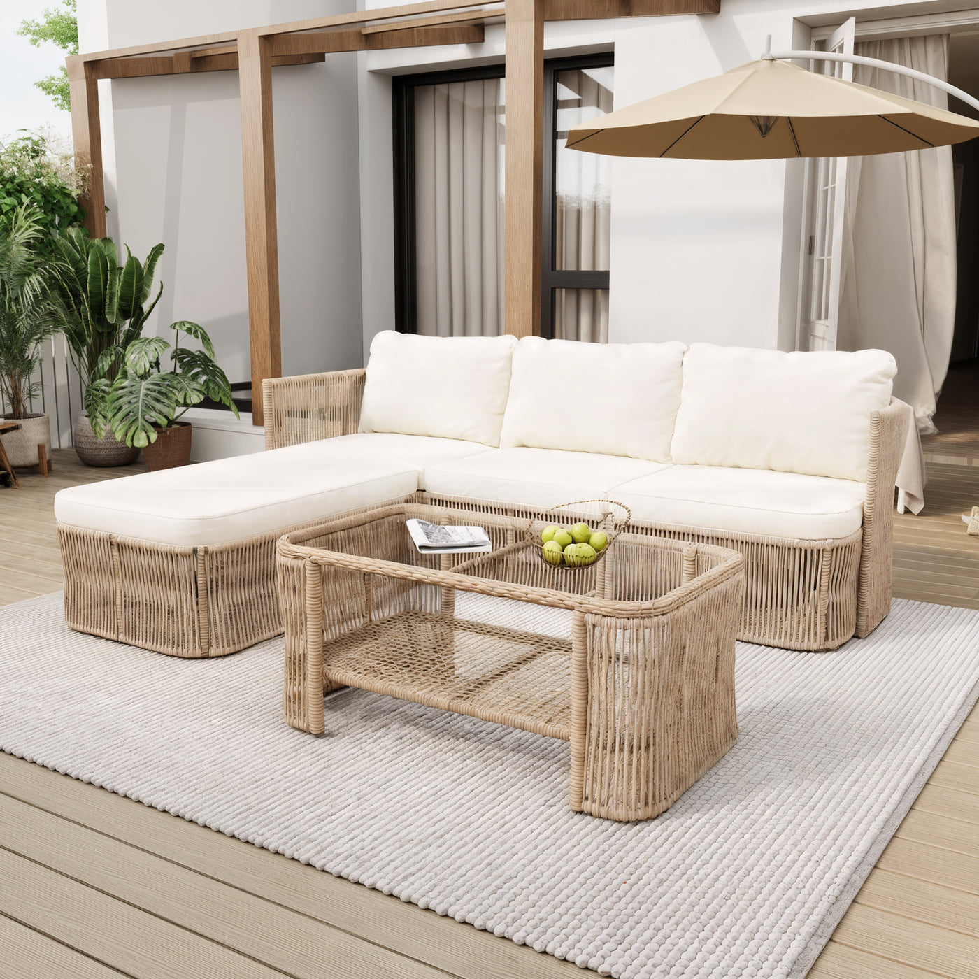 Outdoor Patio Set PE Rattan Iron Dark Beige Modular Glass Table