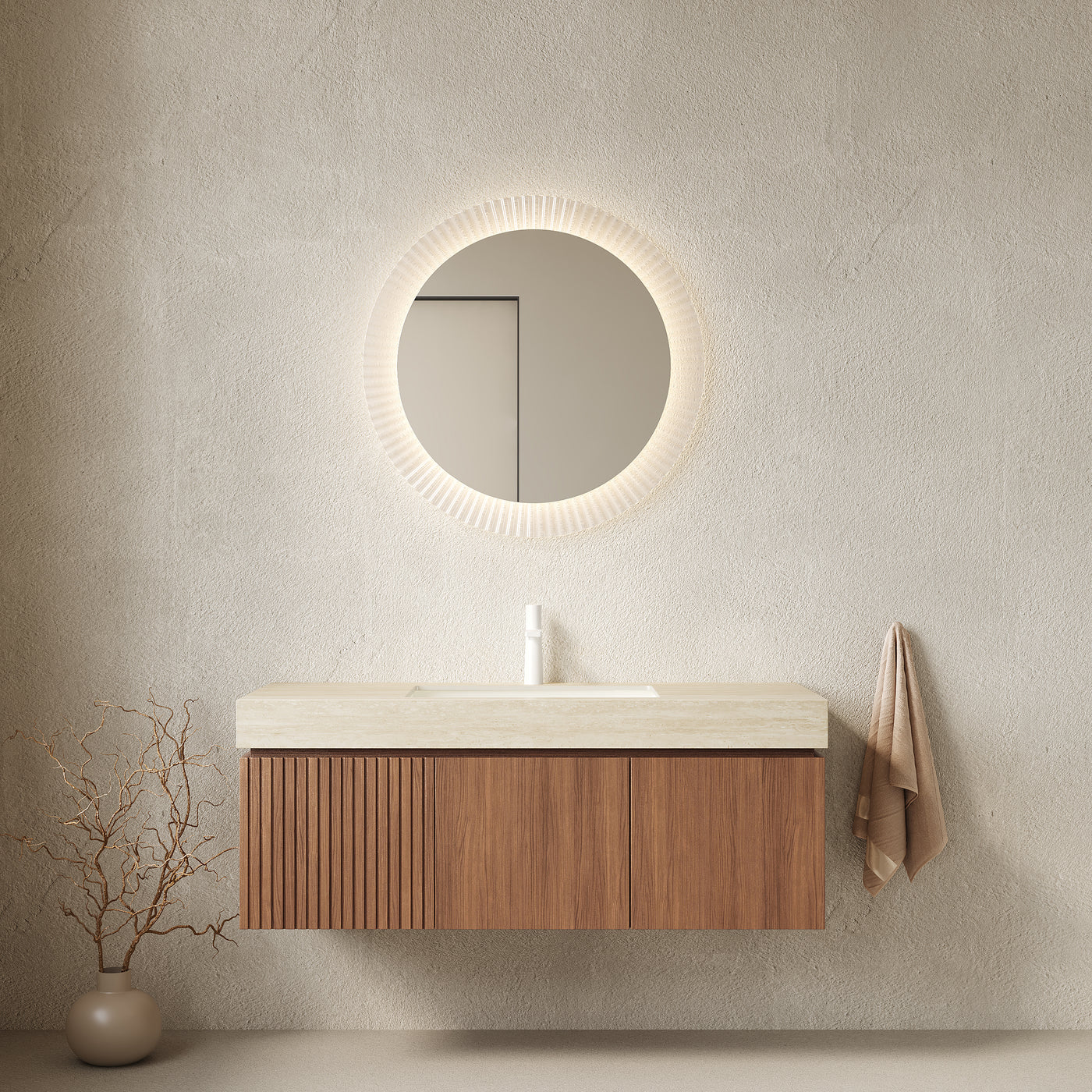48' Floating Bathroom Vanity with Travertine Sintered Stone Top and Ceramic Basin