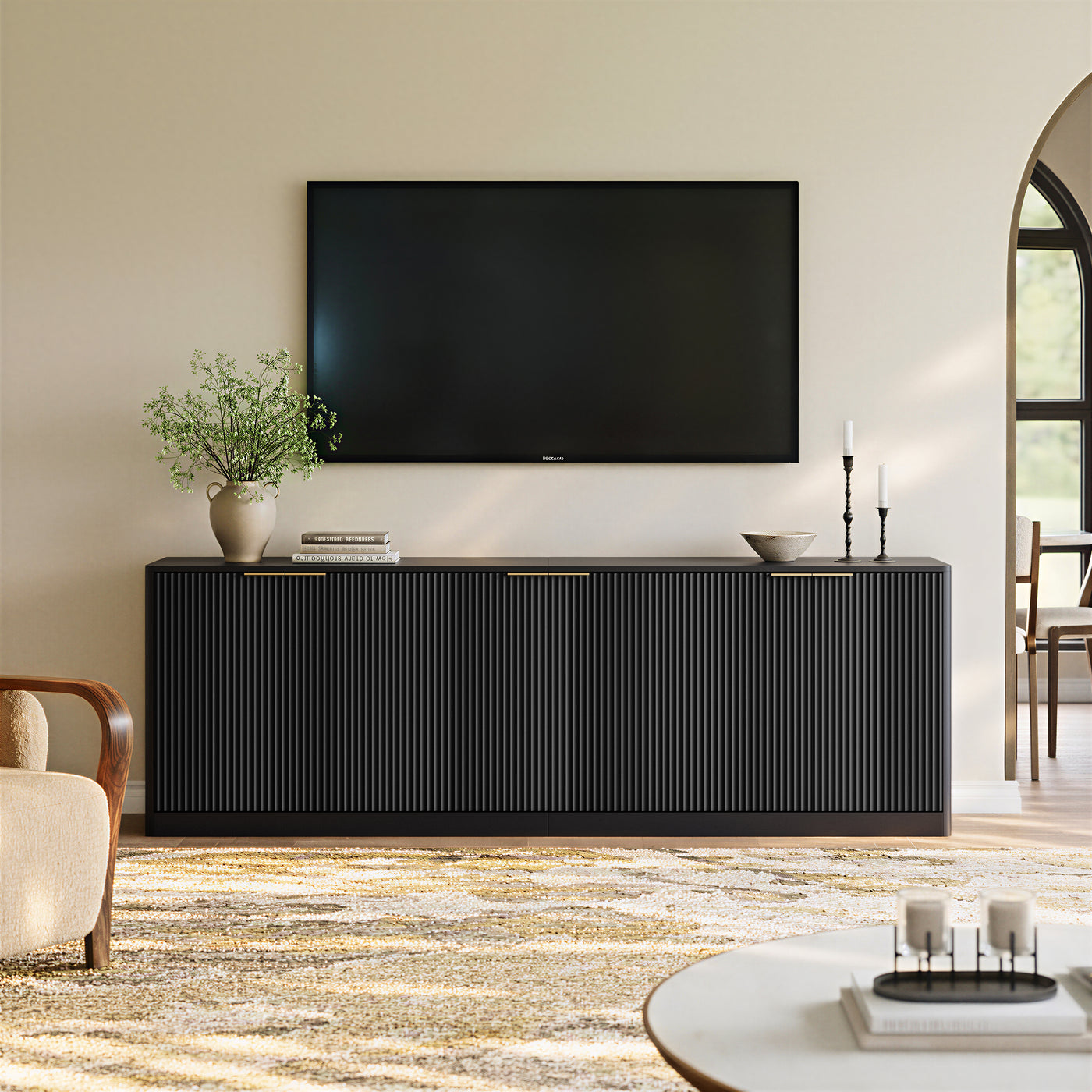 94.5" W Fluted Black Buffet Cabinet Credenza Sideboard