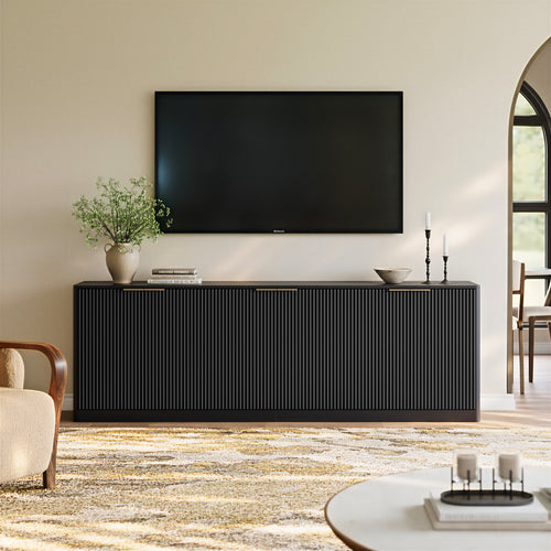 94.5" W Fluted Black Buffet Cabinet Credenza Sideboard