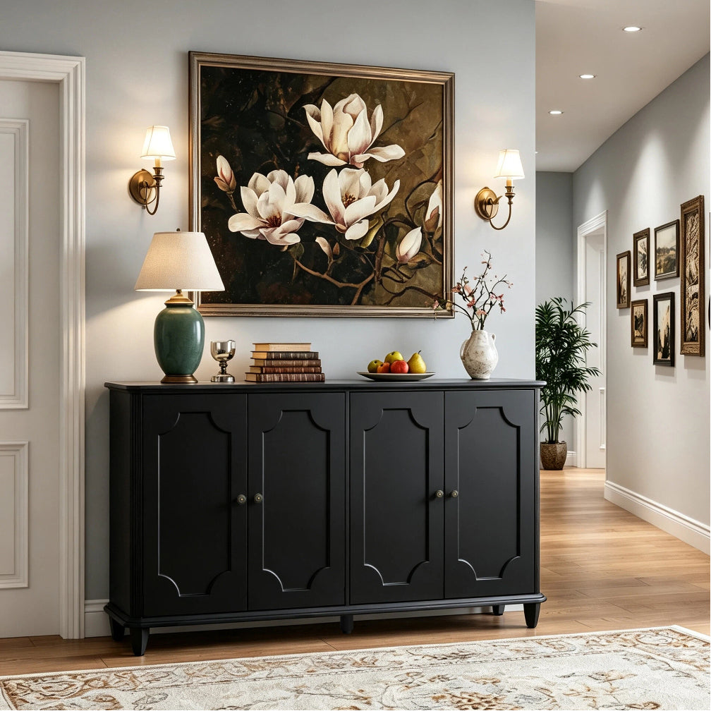 Black Farmhouse Sideboard Buffet Cabinet, 4 Door Vintage Storage Credenza with D