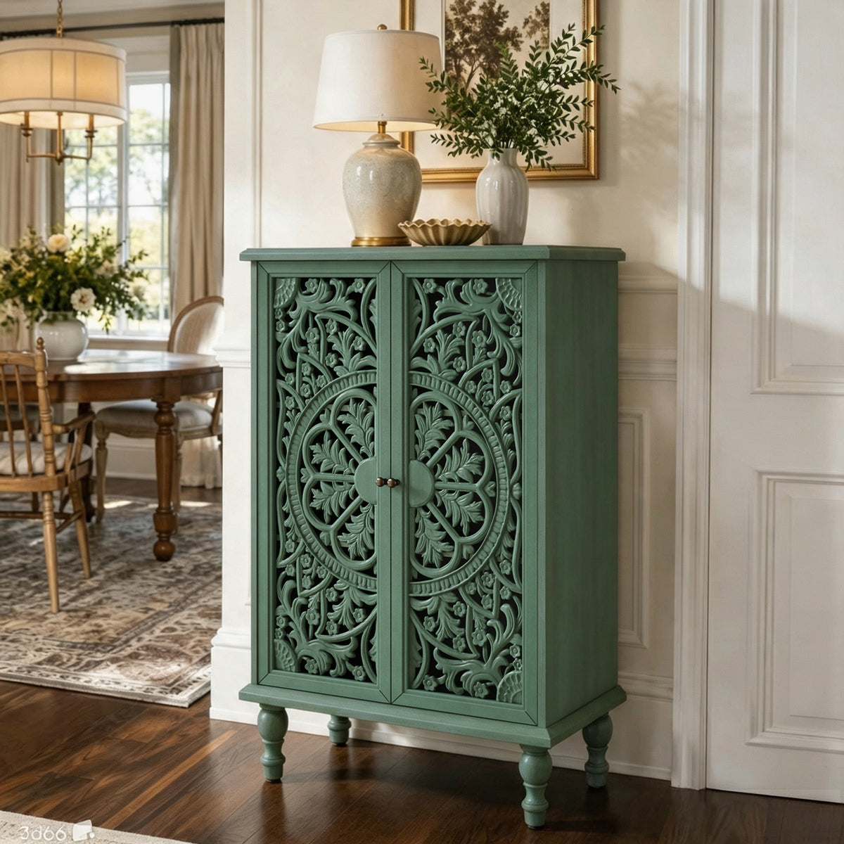 Tall Accent Cabinet with Doors & Storage, Farmhouse Hollow Carved Double Door Di